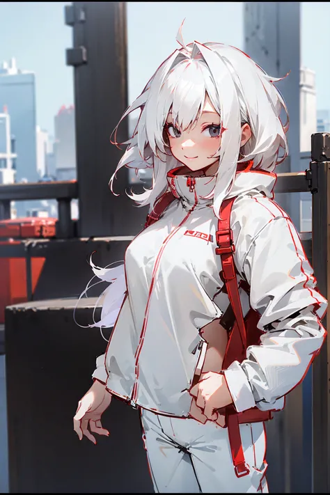 1female, white hair, red oumbre hair, two toned hair, black eyes, smiling, white undershirt, red baggy jacket, white pants, city...