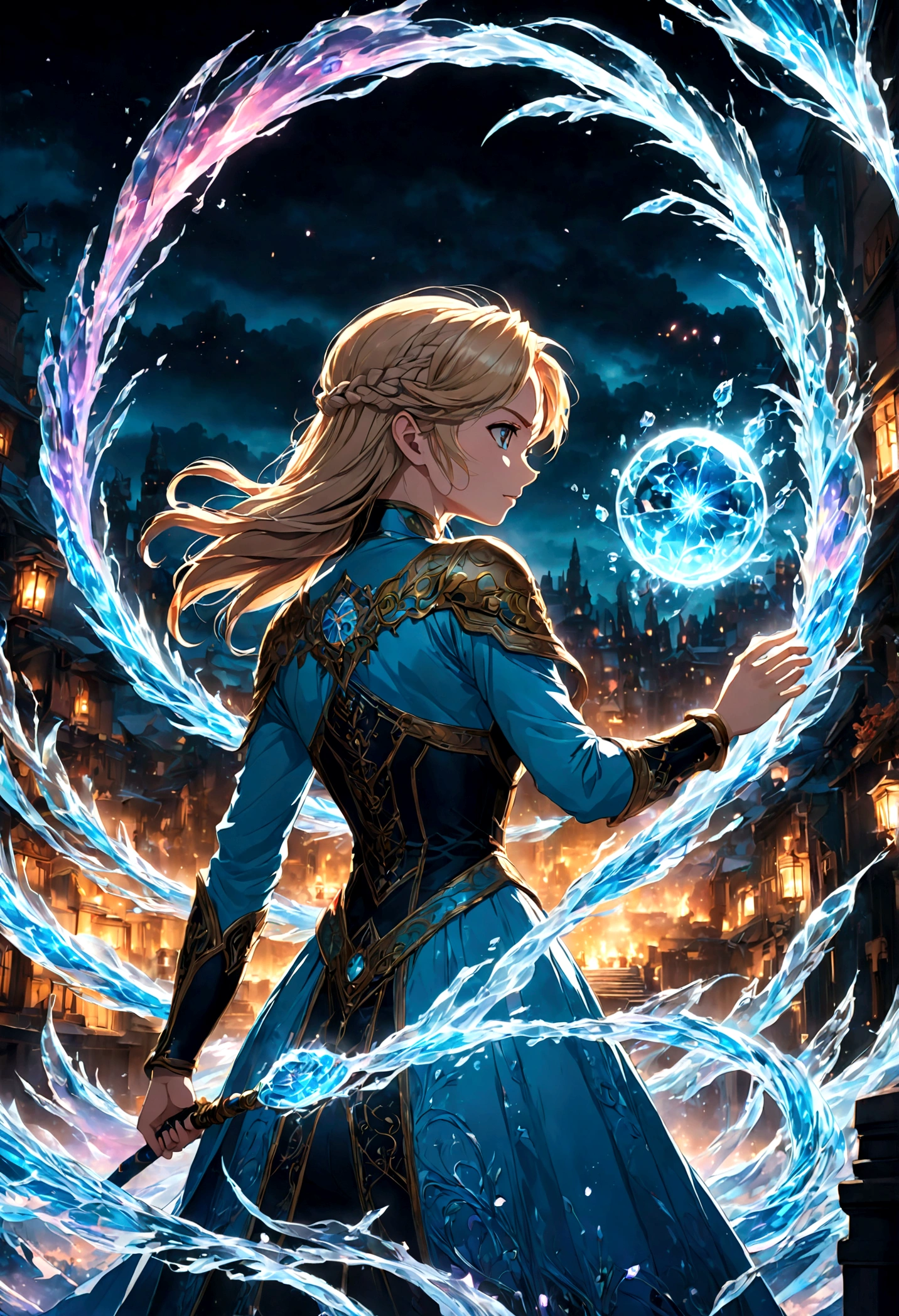 1girl, elsa, braided hair, long hair, (Back View:1.4), outdoor, cityscape, magic, fighting stance, ice, ice magic, anime screenshot, source_anime, dramatic composition, cinematic dynamic action scene, vibrant colors, cinematic lighting, dramatic lighting, best quality, masterpiece, very aesthetic, perfect composition, intricate details, ultra-detailed