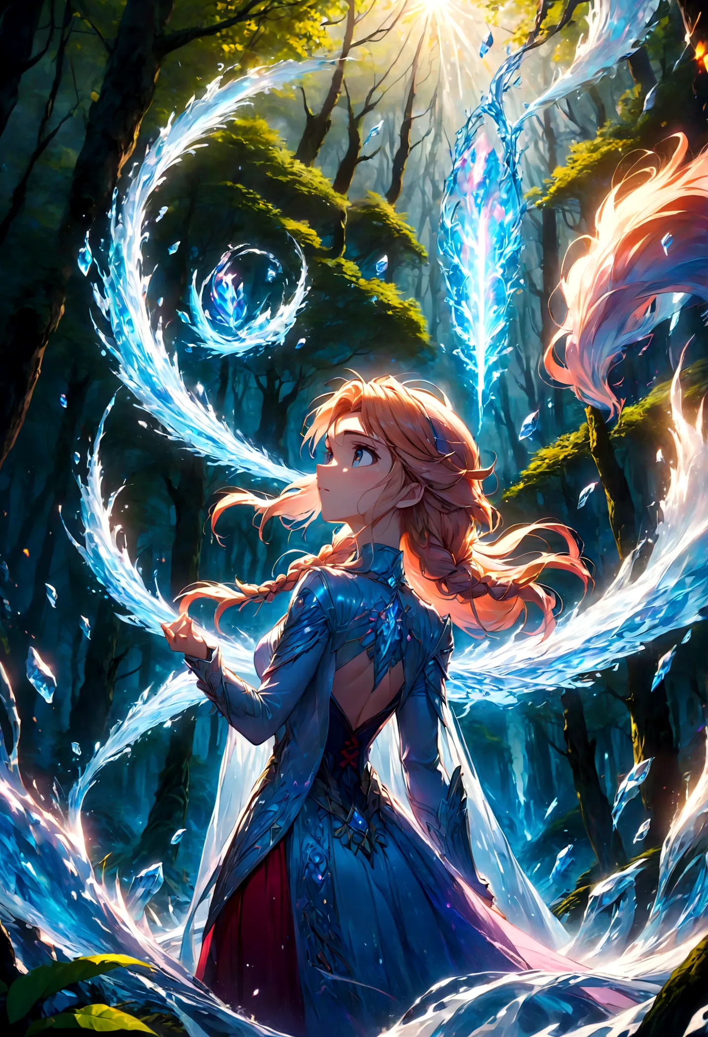 1girl, elsa, braided hair, long hair, dress, (Back View:1.4), outdoor, forest, magic, fighting stance, ice, ice magic, anime scr...