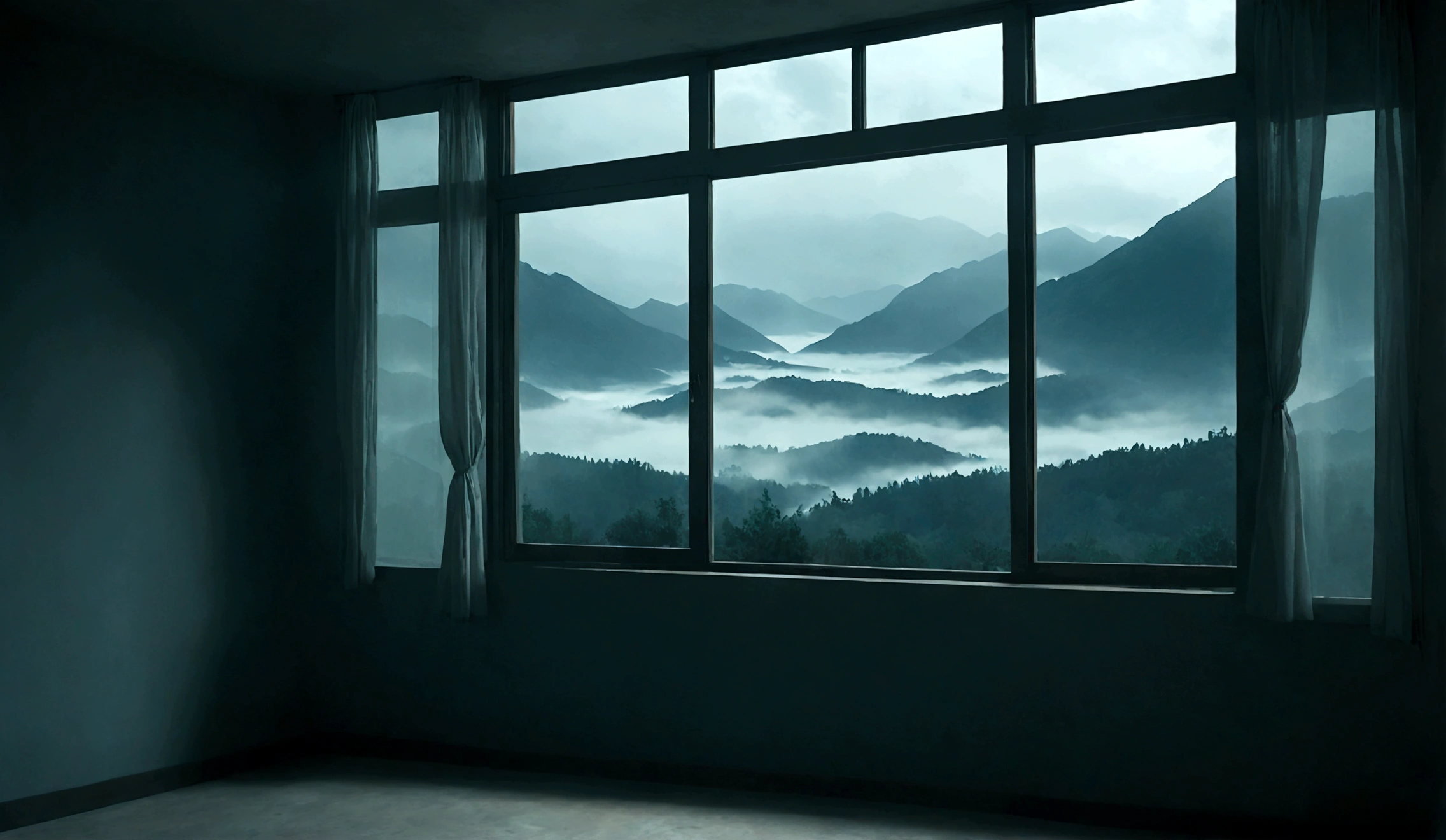 Create an illustration featuring a window with a view of distant mountains shrouded in mist, maintaining the same style, color palette, and atmospheric lighting as the provided reference image. The scene should be set in a dimly lit room with a somber, eerie ambiance suitable for a horror story.

The image should be in a 16:9 aspect ratio, with the window taking up approximately 60% of the image size. Ensure the window is centered, providing a clear view of the misty mountains outside. The room’s interior should have subtle details in the shadows, echoing the dim lighting and creating a sense of depth and mystery. The overall mood should remain consistent with the original image, emphasizing the contrast between the dark room and the slightly illuminated landscape outside.