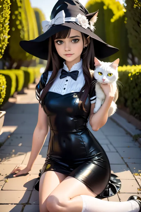 anime girl in a witch hat holding a white cat, black - haired mage, flirty anime witch casting magic, anime girl with cat ears, ...