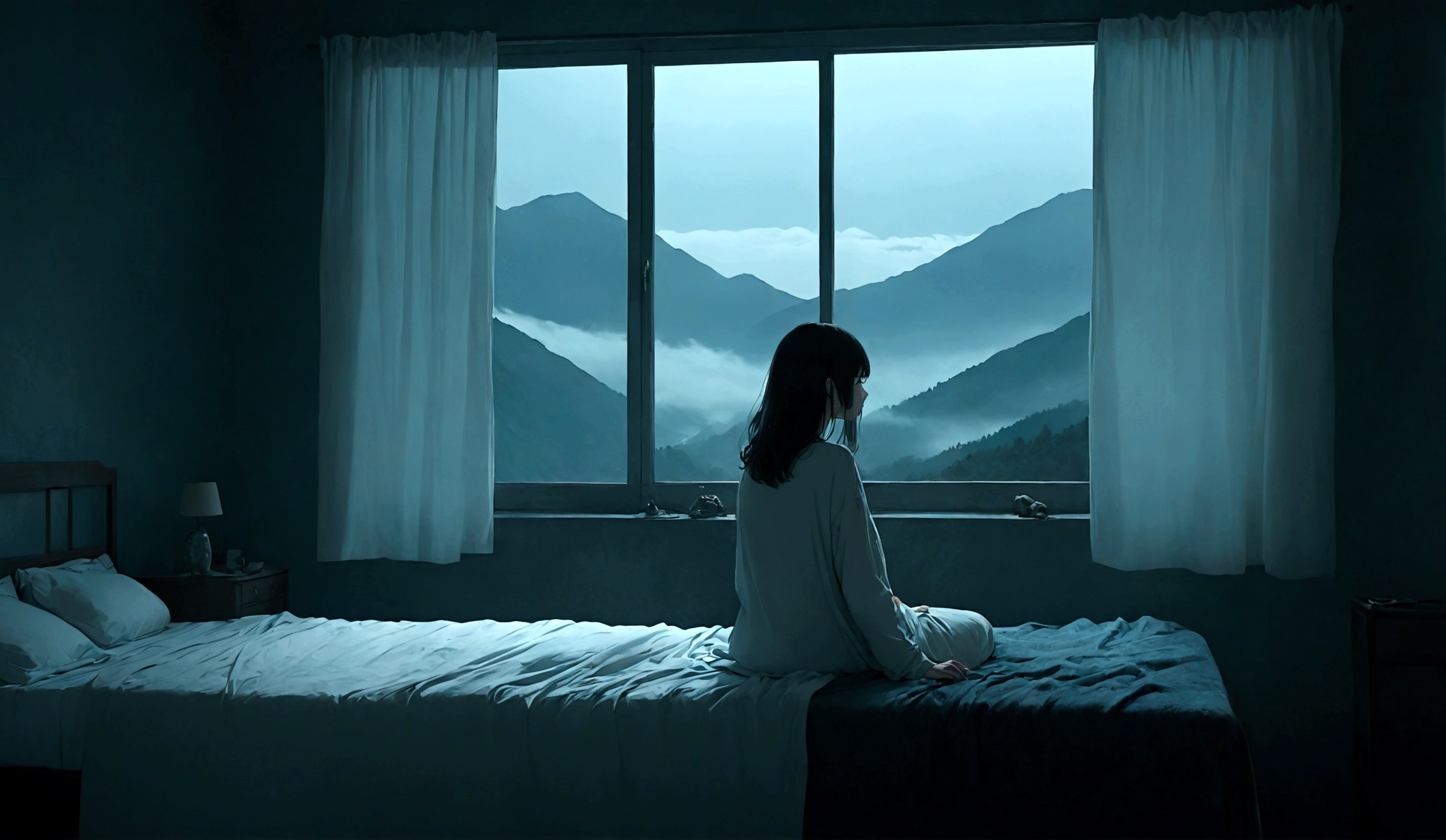 Create an illustration featuring a girl seen from the back as she lies on a bed, looking out of a window. The style should match the reference image provided, capturing the same level of detail, color palette, and atmospheric lighting. The scene should be set in a dimly lit room with a somber, eerie ambiance appropriate for a horror story.

The girl should be positioned on the bed, her body partially covered by a blanket, with her head turned towards the window. The window should reveal distant mountains shrouded in mist to enhance the sense of foreboding. The girl's posture should convey a sense of unease or anticipation, contributing to the overall mood of suspense. Ensure the colors and shadows are consistent with the reference image, emphasizing the contrast between the dim interior and the slightly illuminated outside view.