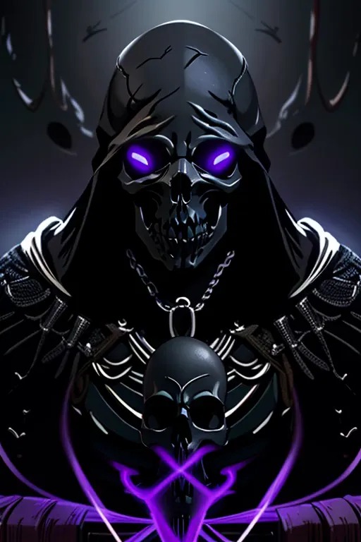 skeleton with purple lights in eye sockets.(realistic illustration:1.3),((dark fantasy:1.4)).((male:1.4)) ((black skull face:1.4...