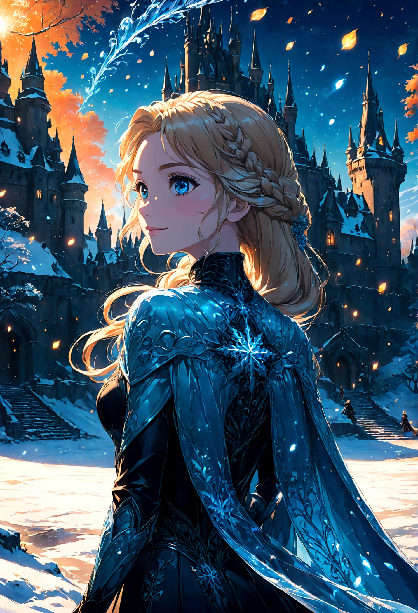 1girl, elsa (frozen), braid, blonde hair, single braid, dress, cape, makeup, long hair, hair over shoulder, smile, solo, blue eyes, fur trim, (Back View:1.4), outdoor, castle, snow, snowflake, winter, anime screenshot, source_anime, dramatic composition, cinematic dynamic action scene, vibrant colors, cinematic lighting, dramatic lighting, best quality, masterpiece, very aesthetic, perfect composition, intricate details, ultra-detailed