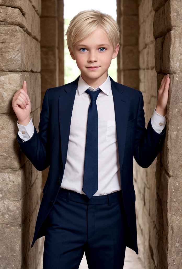 A young boy with short, tousled blond hair and striking blue eyes, exuding an air of calm confidence. His features are finely chiseled, with a warm, friendly smile that highlights his compassionate nature. He is dressed in a neat, practical outfit suitable for a magical school, including a dark, fitted jacket and trousers with subtle, glowing runes etched into the fabric. His stance is relaxed yet ready, suggesting both strength and approachability. The background features the ancient, arcane hallways of a magical school, with stone walls and shimmering mystical symbols.