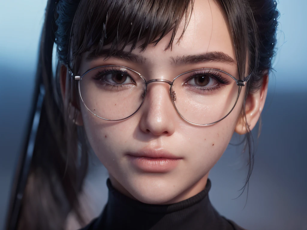 Masterpiece, portrait face, eve, stellar blade, fringe hair , ponytail hair,  black turtleneck shirt,  oiled skin , wet hair, posing , (light brown eyes), closed smile, ((blushing cheeks)), woman looking camera, Woman with rectangular magnifying glasses with red frames