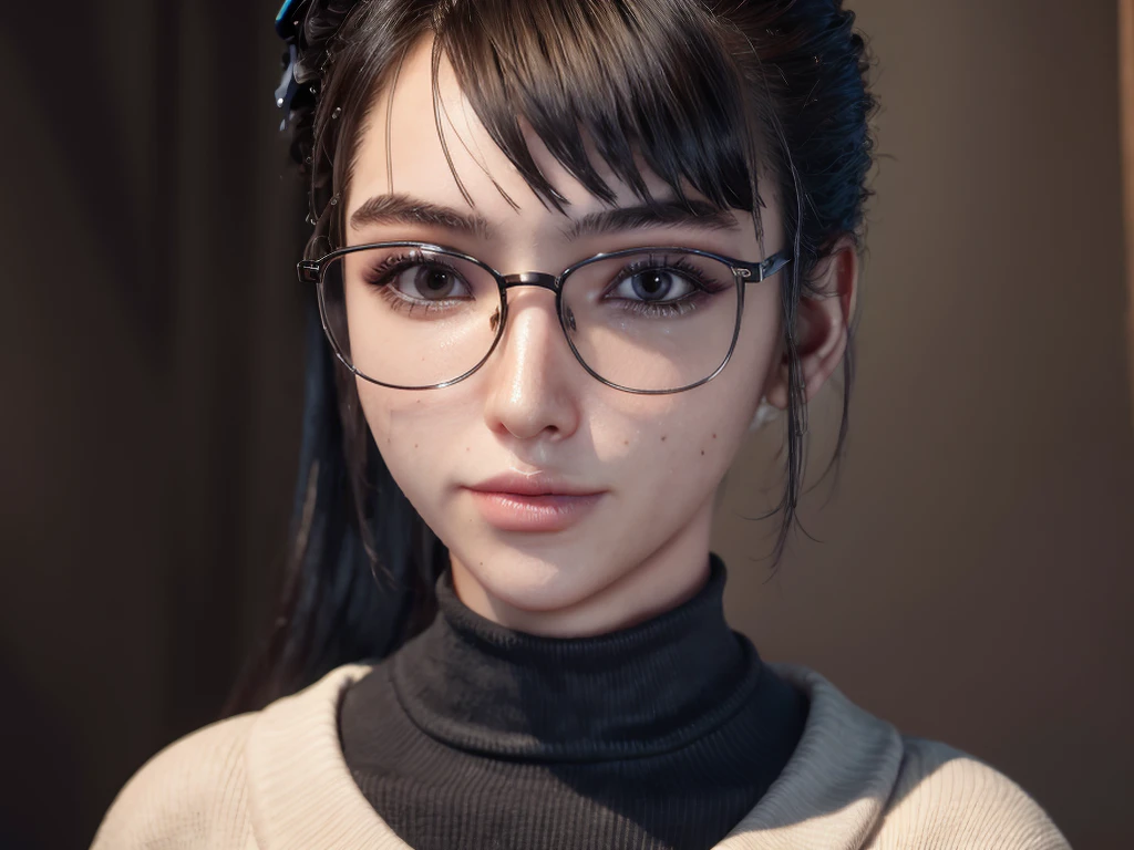 Masterpiece, portrait face, eve, stellar blade, fringe hair , ponytail hair,  black turtleneck shirt,  oiled skin , wet hair, posing , (light brown eyes), closed smile, ((blushing cheeks)), woman looking camera, Woman with rectangular magnifying glasses with red frames