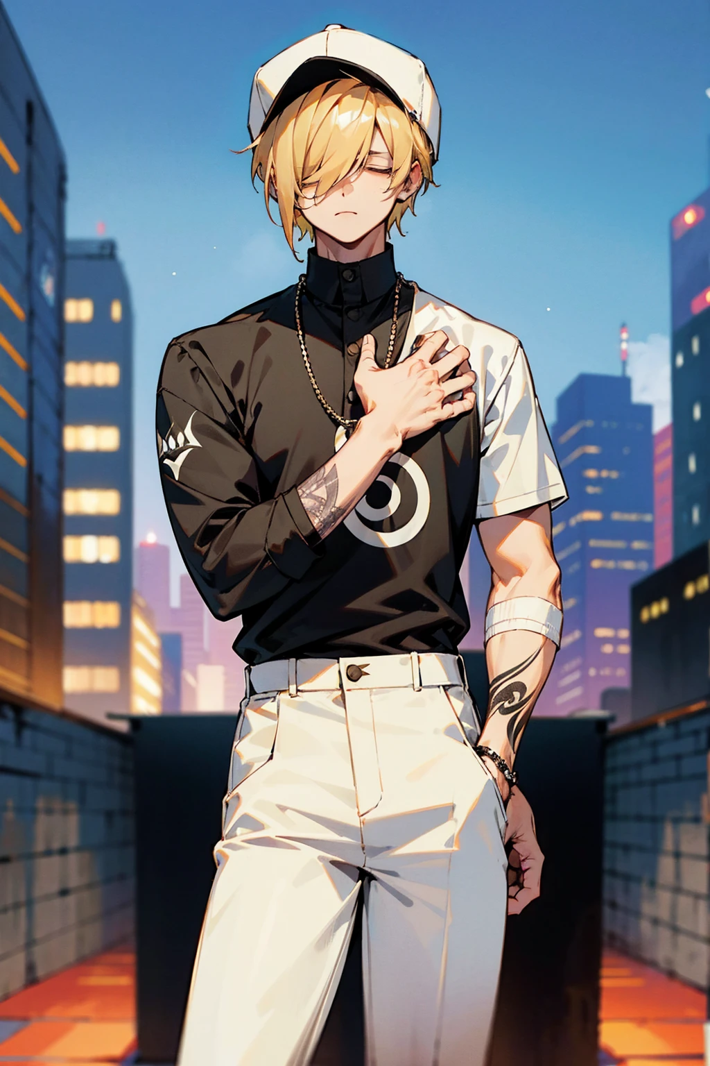 1male, blonde hair, hair over eyes, expressionless, black shirt, arm tattoos, white pants, baseball cap, city background, detailed background, hands to side, standing on path