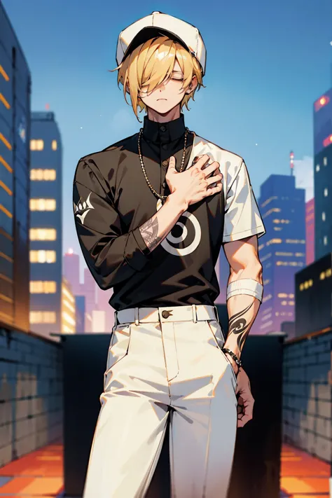 1male, blonde hair, hair over eyes, expressionless, black shirt, arm tattoos, white pants, baseball cap, city background, detail...