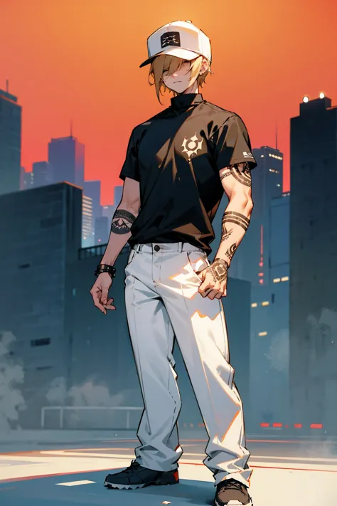 1male, blonde hair, hair over eyes, expressionless, black shirt, arm tattoos, white pants, baseball cap, city background, detail...