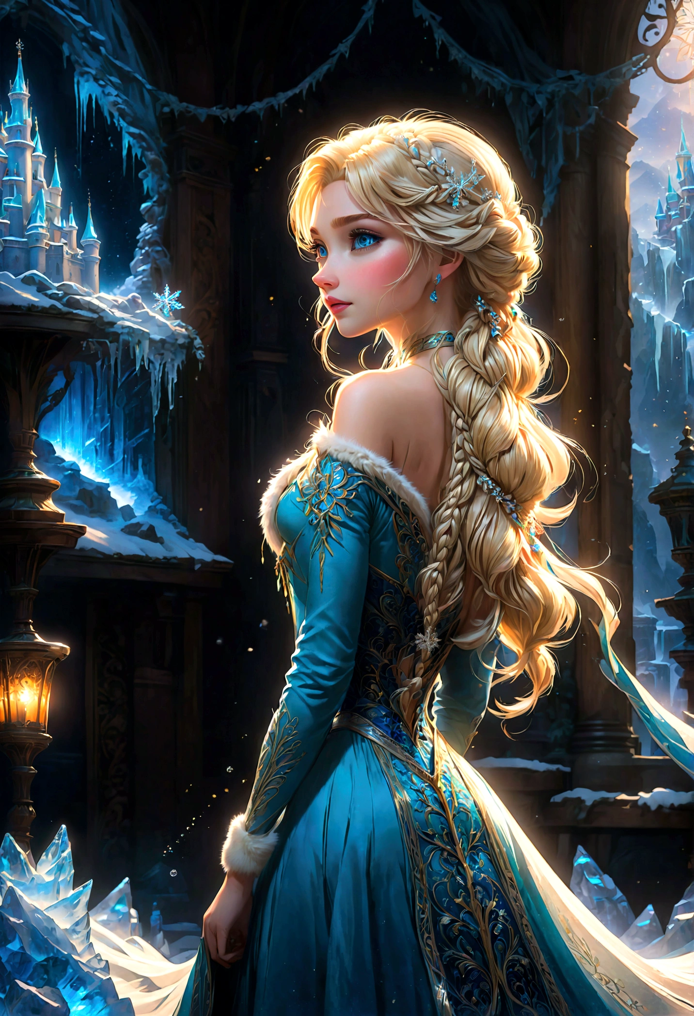 score_9, score_8_up, score_7_up, score_6_up, 1girl, Elsa \(frozen\) sit by frozen lake, (single braid), (White Dress), casting, spell, ice, snow, magic_circle, upper body, long hair, worm light, solo, disney, (Back View, from behind:1.4), anime screenshot, source_anime, dramatic composition, cinematic dynamic action scene, vibrant colors, cinematic lighting, dramatic lighting, best quality, masterpiece, very aesthetic, perfect composition, intricate details, ultra-detailed