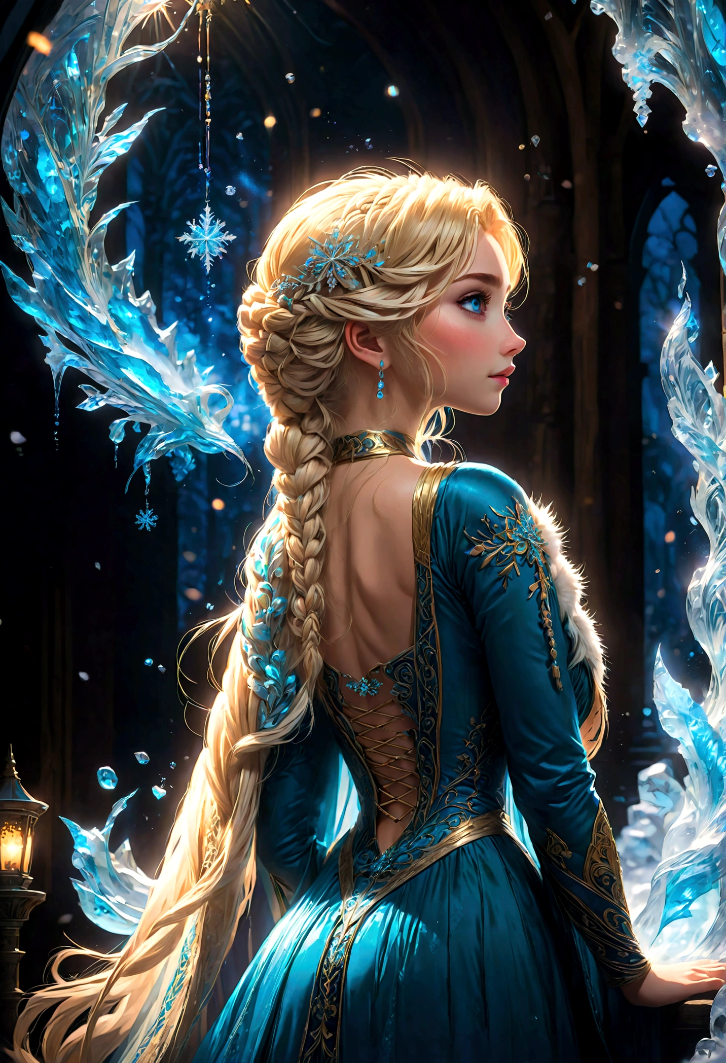 score_9, score_8_up, score_7_up, score_6_up, 1girl, Elsa \(frozen\) sit by frozen lake, (single braid), (White Dress), casting, spell, ice, snow, magic_circle, upper body, long hair, worm light, solo, disney, (Back View, from behind:1.4), anime screenshot, source_anime, dramatic composition, cinematic dynamic action scene, vibrant colors, cinematic lighting, dramatic lighting, best quality, masterpiece, very aesthetic, perfect composition, intricate details, ultra-detailed