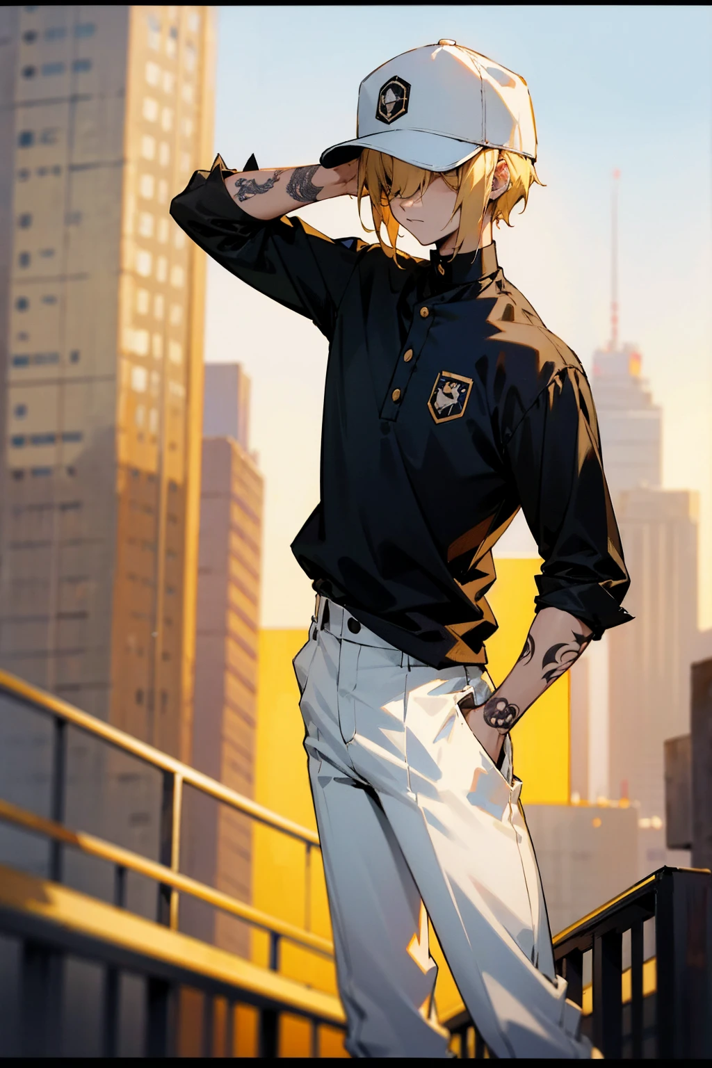 1male, blonde hair, hair over eyes, expressionless, black shirt, arm tattoos, white pants, baseball cap, city background, detailed background, hands to side, standing on path