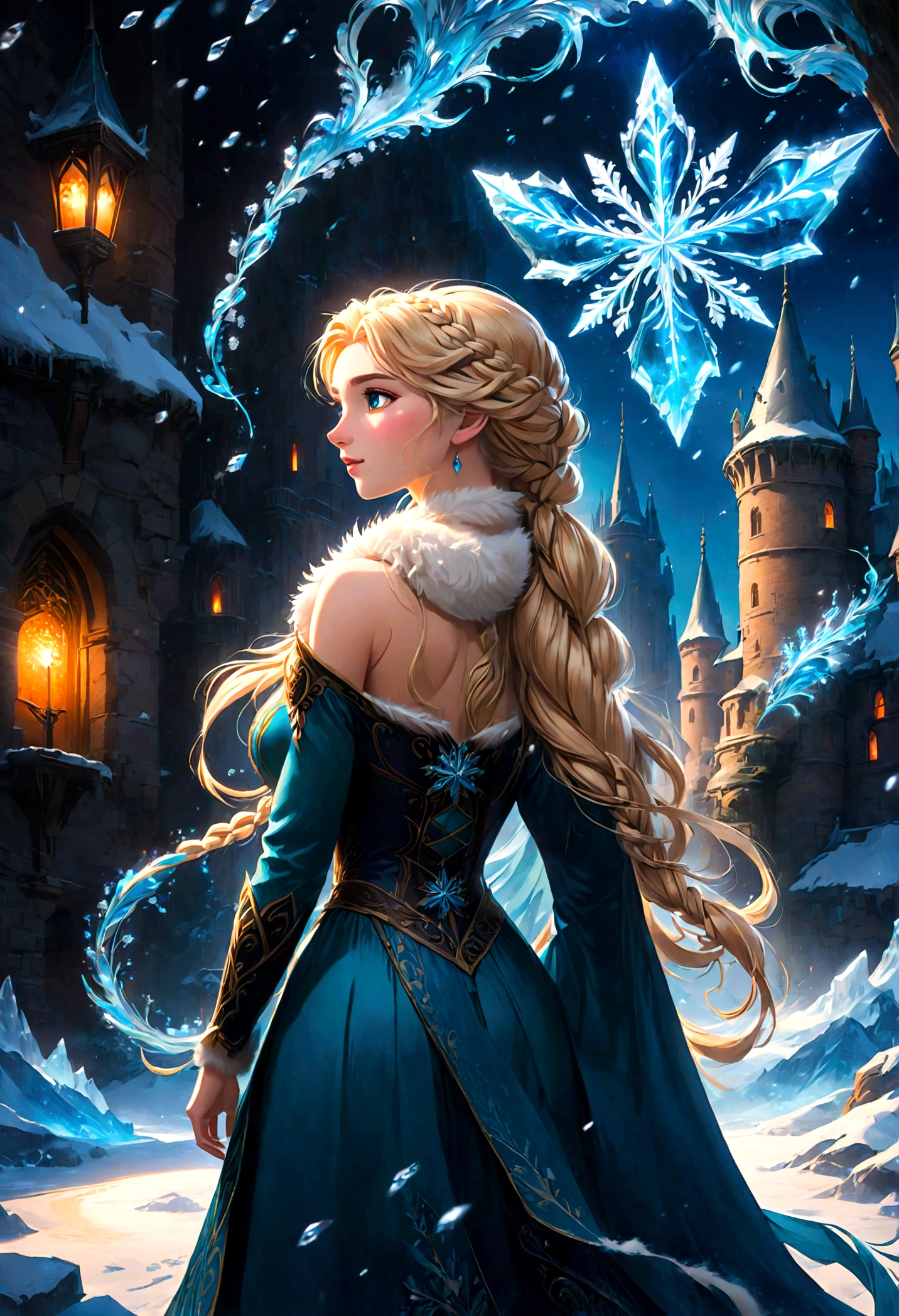 score_9, score_8_up, score_7_up, score_6_up, 1girl, Elsa \(frozen\) sit by frozen lake, (single braid), (White Dress), casting, spell, ice, snow, magic_circle, upper body, long hair, worm light, solo, disney, (Back View, from behind:1.4), anime screenshot, source_anime, dramatic composition, cinematic dynamic action scene, vibrant colors, cinematic lighting, dramatic lighting, best quality, masterpiece, very aesthetic, perfect composition, intricate details, ultra-detailed