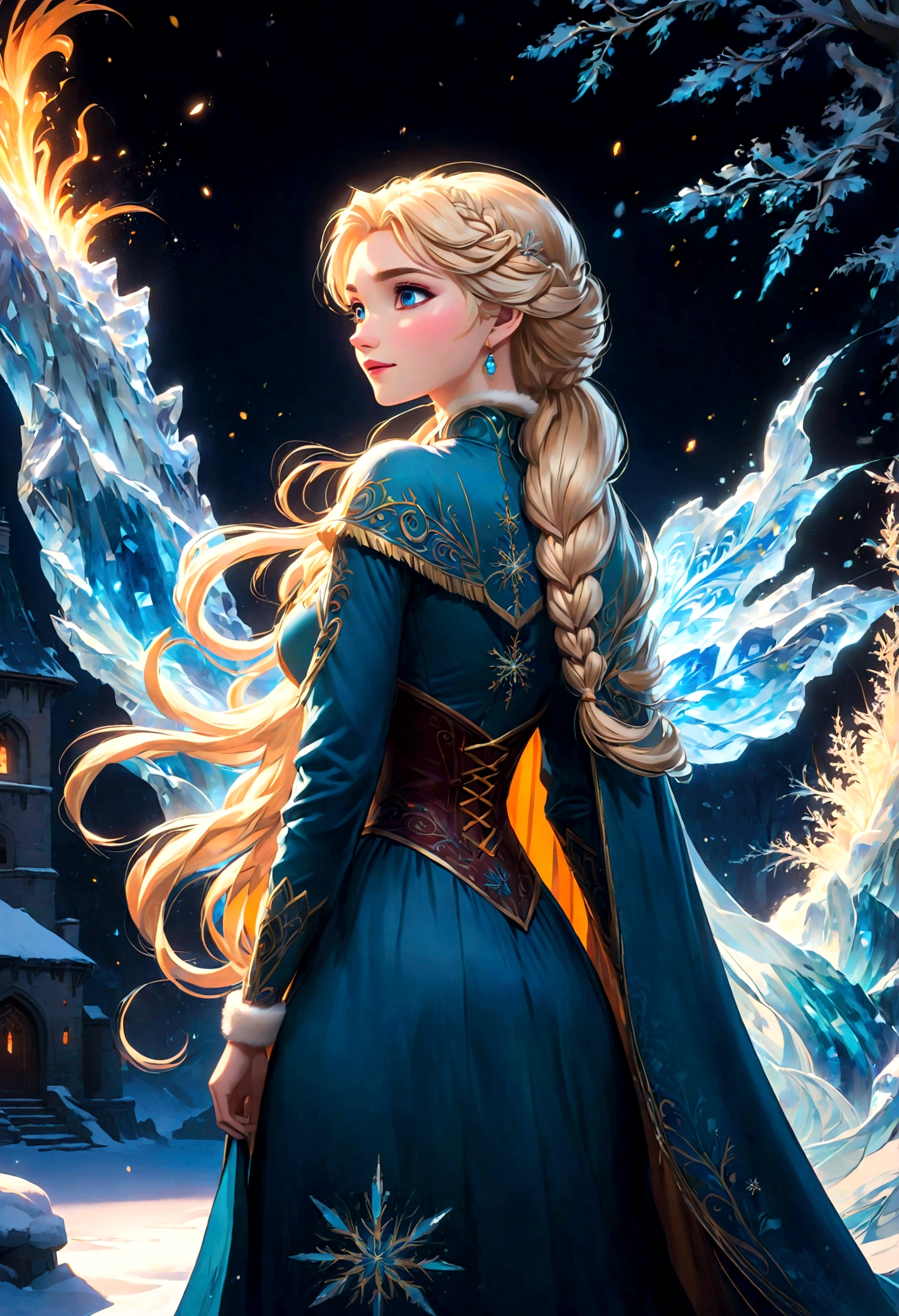 score_9, score_8_up, score_7_up, score_6_up, 1girl, Elsa \(frozen\) sit by frozen lake, (single braid), (White Dress), casting, spell, ice, snow, magic_circle, upper body, long hair, worm light, solo, disney, (Back View, from behind:1.4), anime screenshot, source_anime, dramatic composition, cinematic dynamic action scene, vibrant colors, cinematic lighting, dramatic lighting, best quality, masterpiece, very aesthetic, perfect composition, intricate details, ultra-detailed