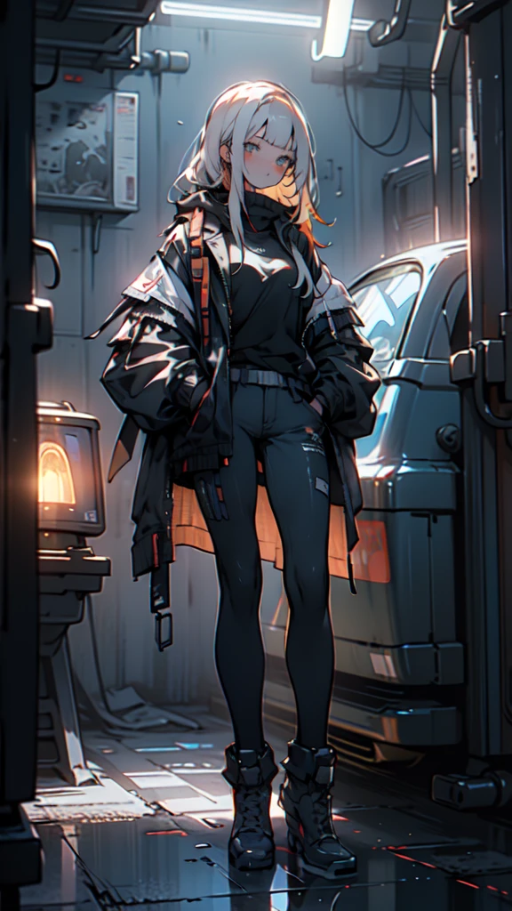 1 girl, long Yellow hair , cyberpunk, blue eyes, high heels, hand in pocket, best quality, 4k, 8k, highres, masterpiece:1.2, ultra-detailed, realistic, photorealistic, photo-realistic:1.37, HDR, UHD, studio lighting, ultra-fine painting, sharp focus, physically-based rendering, extreme detail description, professional, vivid colors, bokeh, cyberpunk, science fiction, neon lights, dark atmosphere, dramatic lighting