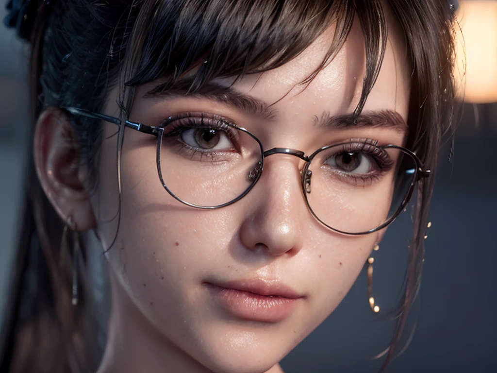 Masterpiece, portrait face, eve, stellar blade, fringe hair , ponytail hair,  black turtleneck shirt,  oiled skin , wet hair, posing , (light brown eyes), (medium closed smile), ((blushing cheeks)), woman looking camera, Woman with rectangular magnifying glasses with red frames