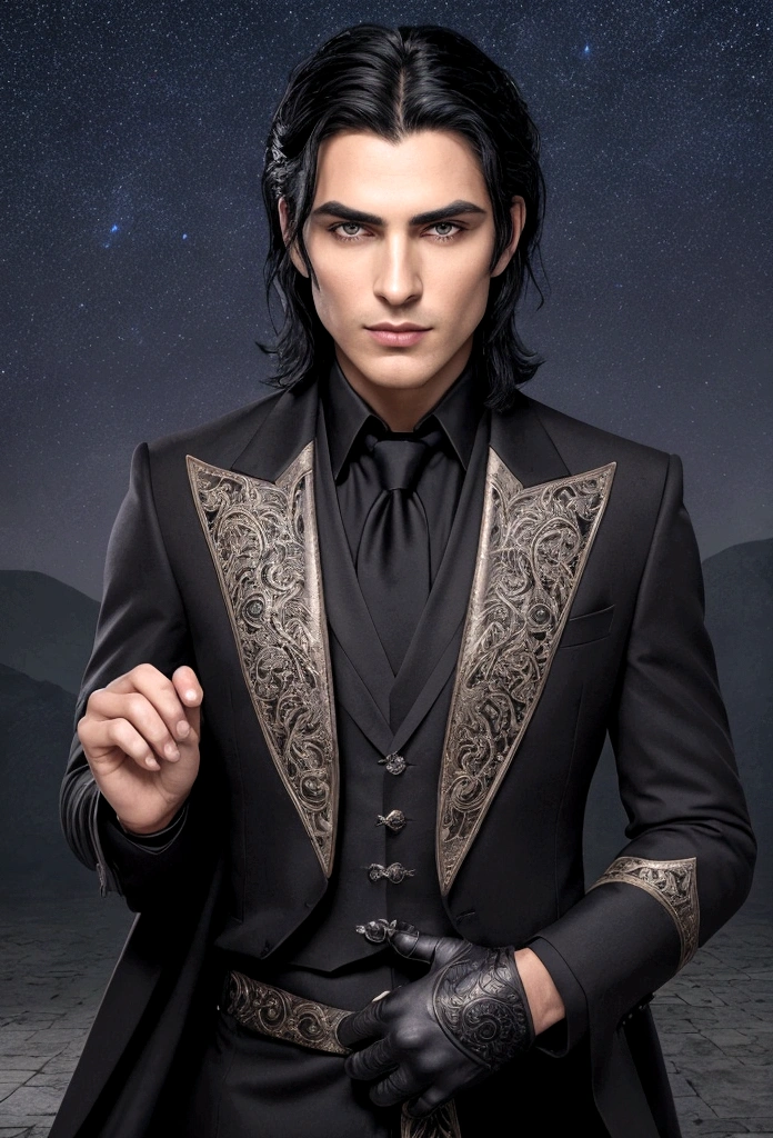 A strikingly handsome man with an aura of power and mystery. He has jet-black hair that falls smoothly around his face and piercing violet eyes with a hint of silver, exuding both intelligence and allure. His skin is a warm bronze, contrasting sharply with his dark hair and eyes. He is dressed in elegant, dark attire that reflects his status as the High Lord of the Night Court, including a finely tailored black coat with subtle, intricate patterns resembling starlight. His posture is confident and regal, with an enigmatic smile playing on his lips. The background is a breathtaking night sky filled with stars, reflecting the beauty and majesty of his Night Court.