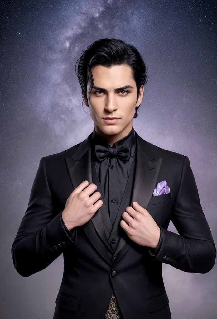 a strikingly handsome man with an aura of power and mystery. he has jet-black hair that falls smoothly around his face and pierc...