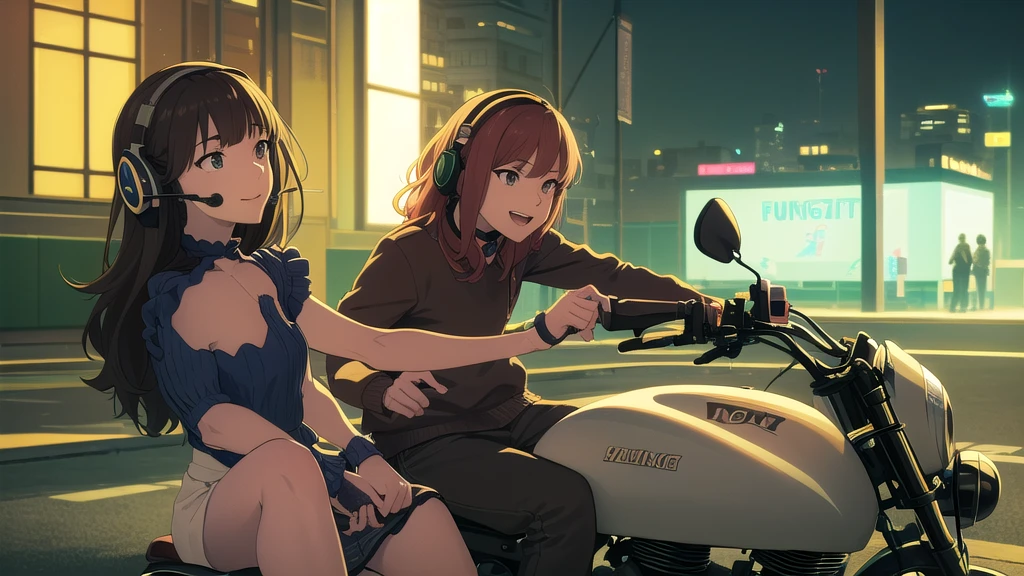 (High resolution, Best Quality, Masterpiece:1.2), (Realistic illustrations), Lo-fi Hip Hop, flat, 2.5D, Line art, Gouache color, Studio Ghibli style, Great colorful, Relaxed girl listening to music with headset, smile, はにかんだsmile, 80s city night view, Riding a motorcycle