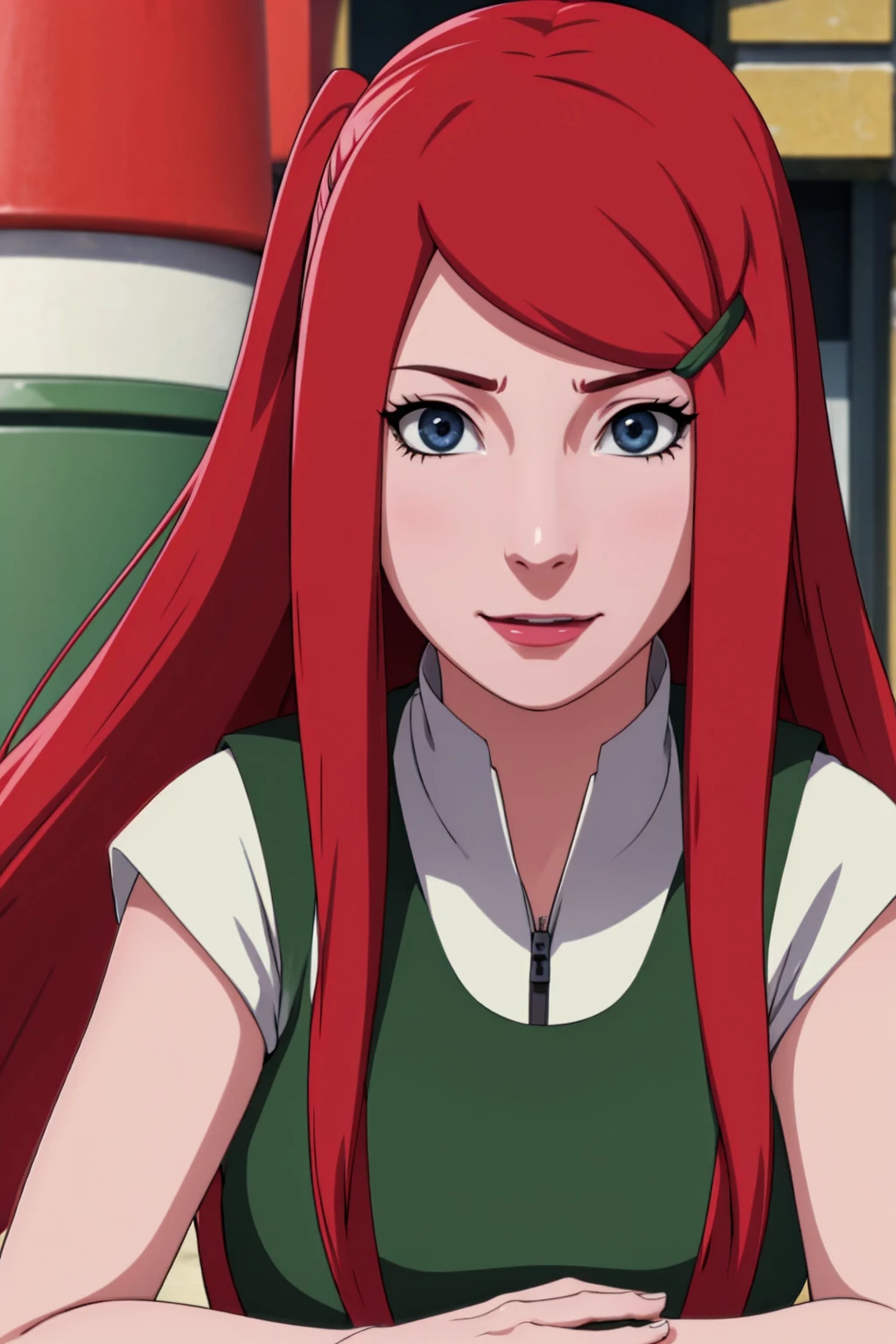 un gros plan d&#39;une personne aux cheveux longs et une robe verte et blanche, Uzumaki Kushina, Uzumaku Kusgiba de l&#39;anime Naruto Shippuden, as an personnage d&#39;anime, visage d&#39;anime parfait, she has cheveux roux with bangs, female personnage d&#39;anime, personnage d&#39;anime, anime meilleure fille, coupe de cheveux hime, cheveux roux, (lèvres rouges brillantes:1.3), yeux bleus, sourire, grand , Réaliste, Ultra détaillé, Contexte de la ville, (Beau visage:1.3)