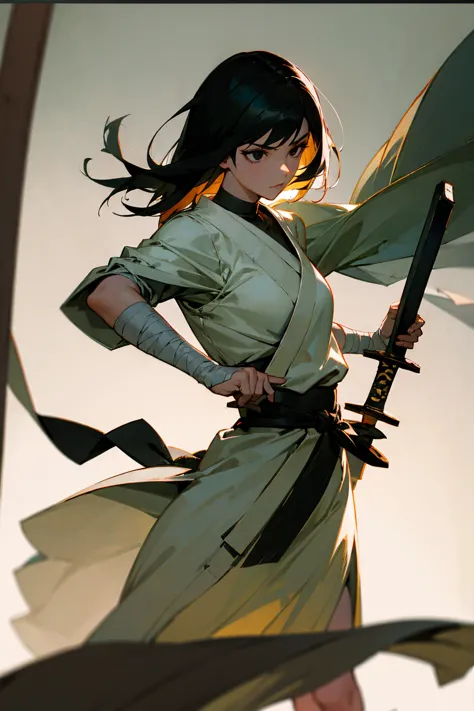 1female, black hair, short flowing hair, black eyes, holding sword, sword, holding sword, fighting clothing, skirt, bandaged arm...