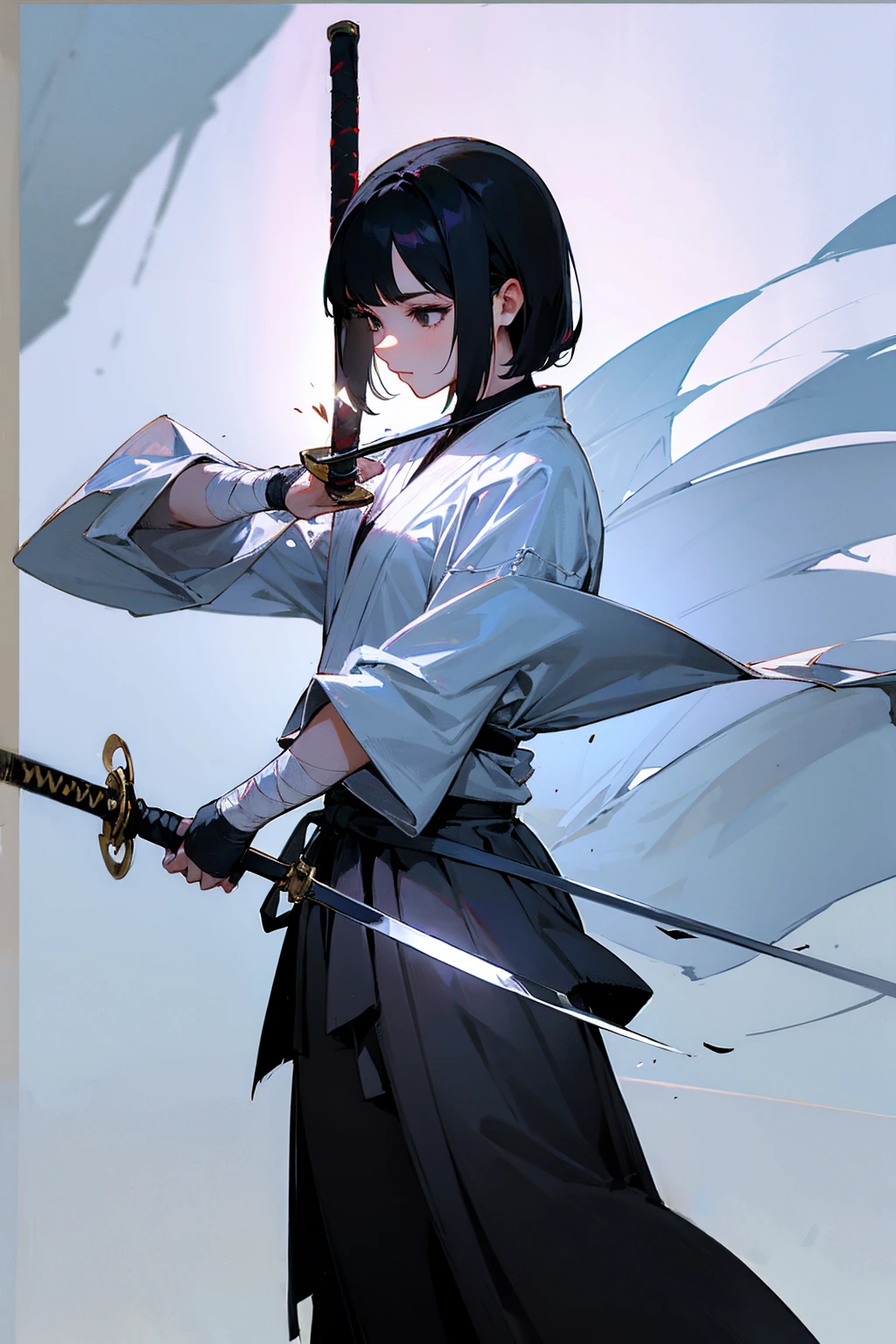 1female, black hair, short flowing hair, black eyes, holding sword, sword, holding sword, fighting clothing, skirt, bandaged arms, dojo background, detailed background, standing on path