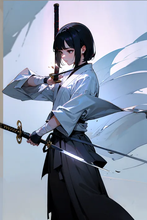 1female, black hair, short flowing hair, black eyes, holding sword, sword, holding sword, fighting clothing, skirt, bandaged arm...