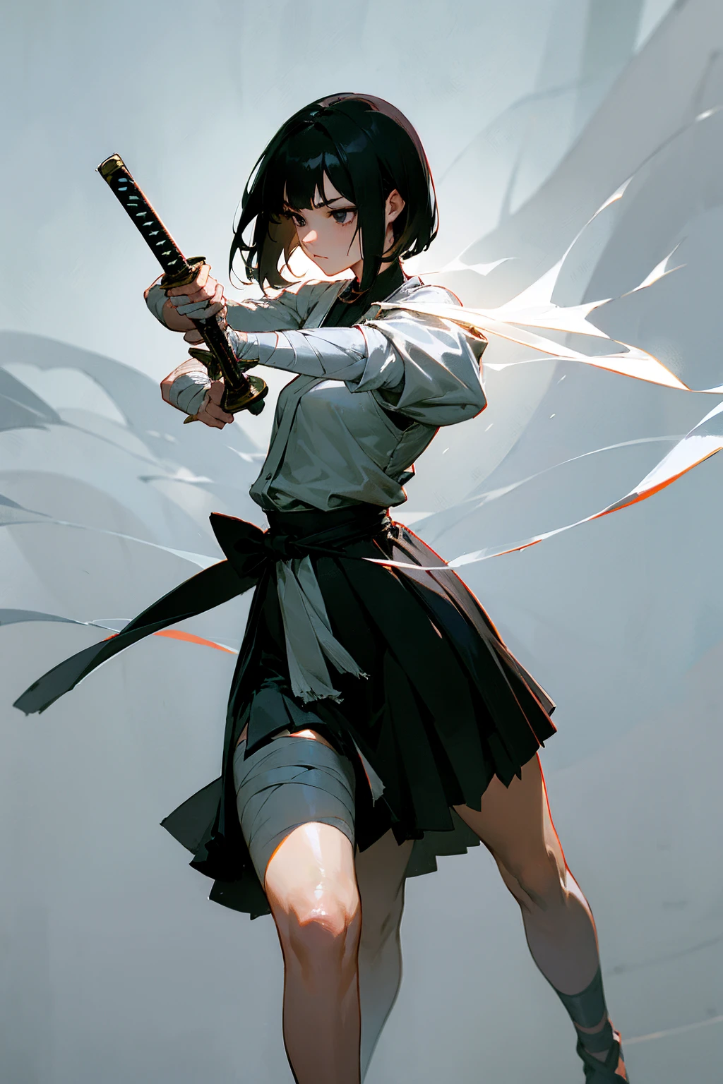 1female, black hair, short flowing hair, black eyes, holding sword, sword, holding sword, fighting clothing, skirt, bandaged arms, dojo background, detailed background, standing on path