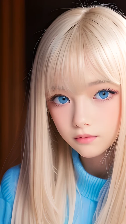 1 person、A very pretty and cute blonde girl、Super long blonde hair, Beautiful and cute 、Beautiful messy bangs、Very beautiful small face beauty、Bright expression、Beautiful, big, very bright blue eyes, Bright and dazzling platinum blonde、Super long silky straight hair、Bangs between the eyes、、、Textured white skin, High detail, Best Quality, 4k high resolution、Cheeky Glossy Skin、Round face