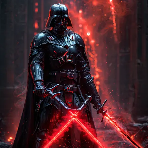 Very dark photo of Darth Vader wielding double swords. . Aura de humo rojo