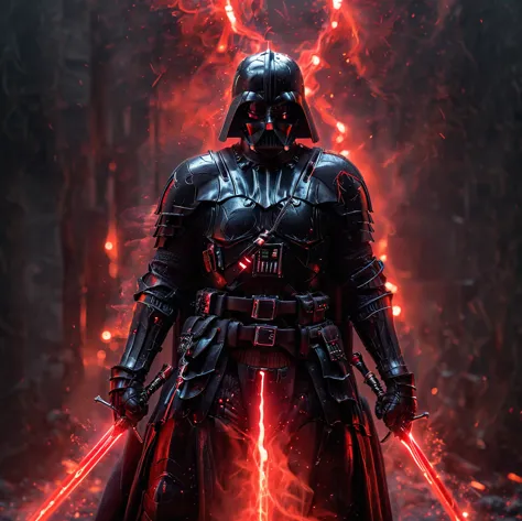 Very dark photo of Darth Vader wielding double swords. . Aura de humo rojo