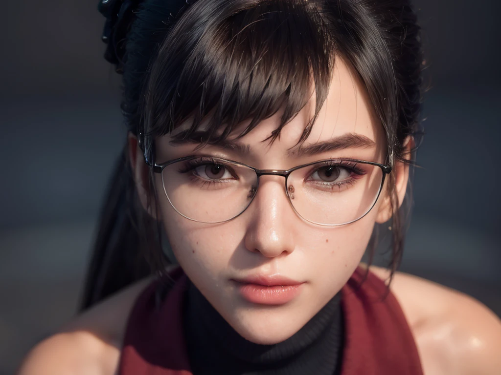 Masterpiece, portrait face, eve, stellar blade, fringe hair , ponytail hair,  black turtleneck shirt,  oiled skin , wet hair, posing , (light brown eyes), (medium closed smile), ((blushing cheeks)), woman looking camera, Woman with rectangular magnifying glasses with red frames, pink eyelid makeup