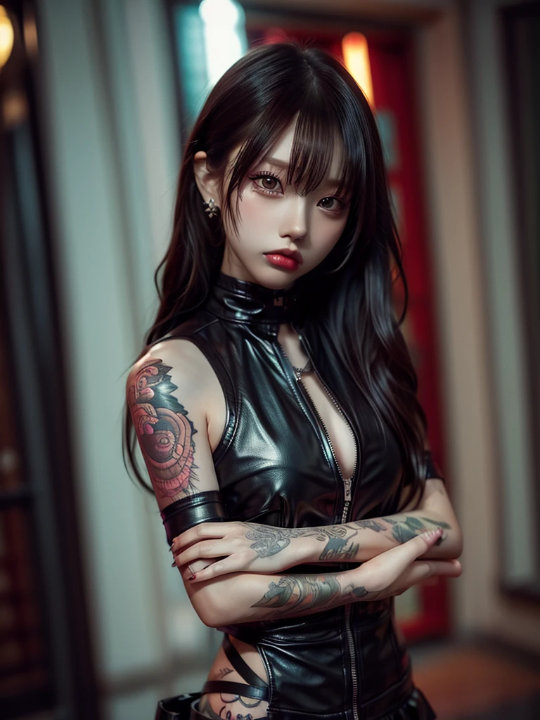 Tattoo Girl, so beautiful, Murderous, good looking, betrayal, anger, Dark Background, 8k, Dynamic Wallpapers, Very delicate, Very dark full body shot、Black rider jacket 1.5、Leather mini skirt 1.5