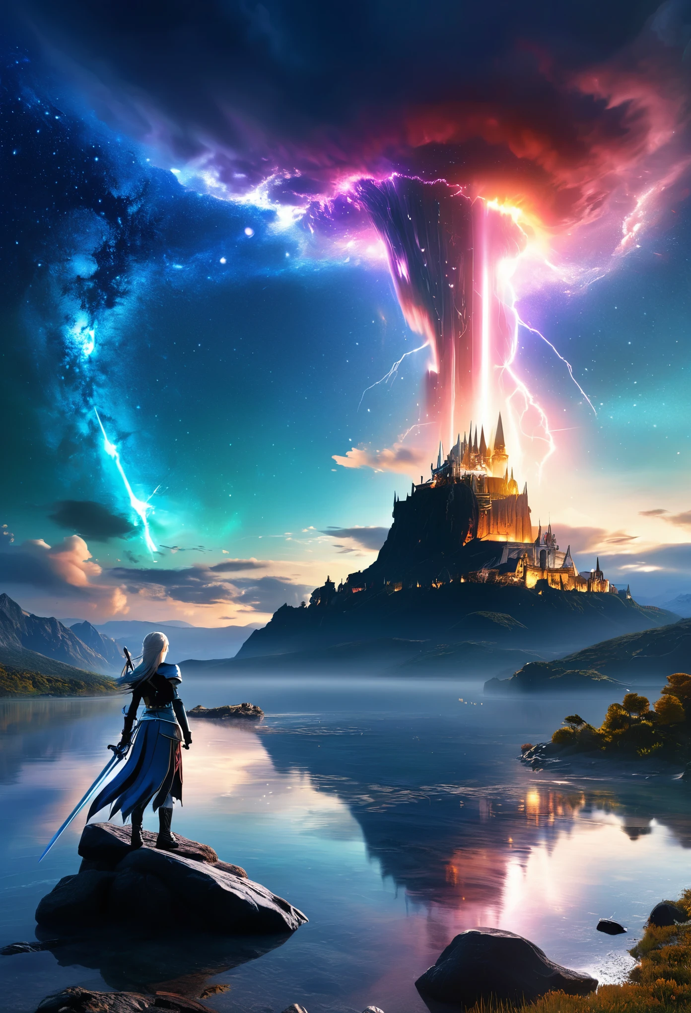 (8K, highest quality, masterpiece, final fantasy style: 1.2), (unrealistic, photorealistic: 1.37), (one mage lady standing on lake side, huge bouncing bust, with sword with fire, Her sword shines into the heavens:1.1), Dreamy landscape, Fantasy, Unsurreal landscapes, Super detailed, Flying medieval castle, Floating Island in the Sky, Seven-colored swirl of light, (Mr. Shooting Star.A small, shiny, long-tailed bird soaring through the sky:1.3), Aurora, Intense lightning, milky way, Complex Light, Mr.々Colored light, Large Lake, Starry sky reflected on the lake surface, Countless shining stars, Meteors, Many meteors, Aura of, (A pillar of light emanated from the ground:1,2), Complex SentencesMr.Magic Circle,