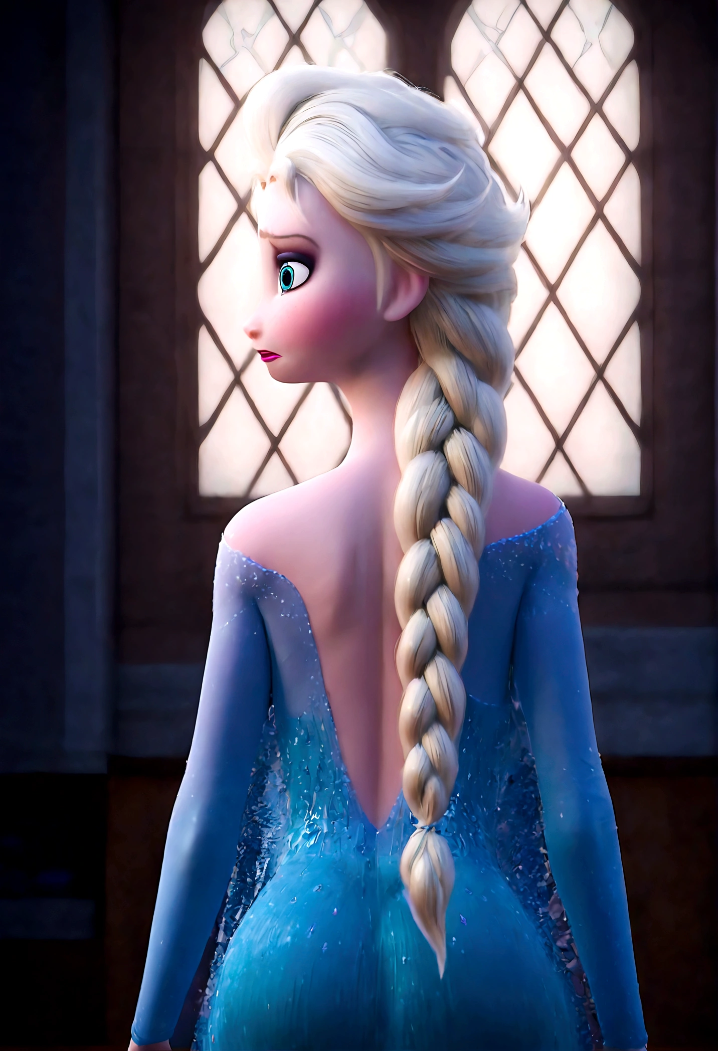 score_9, score_8_up, score_7_up, score_6_up, 1girl, Elsa \(frozen\) sit by frozen lake, (single braid), (White Dress), casting, spell, ice, snow, magic_circle, upper body, long hair, worm light, solo, disney, (Back View, from behind:1.4), anime screenshot, source_anime, dramatic composition, cinematic dynamic action scene, vibrant colors, cinematic lighting, dramatic lighting, best quality, masterpiece, very aesthetic, perfect composition, intricate details, ultra-detailed