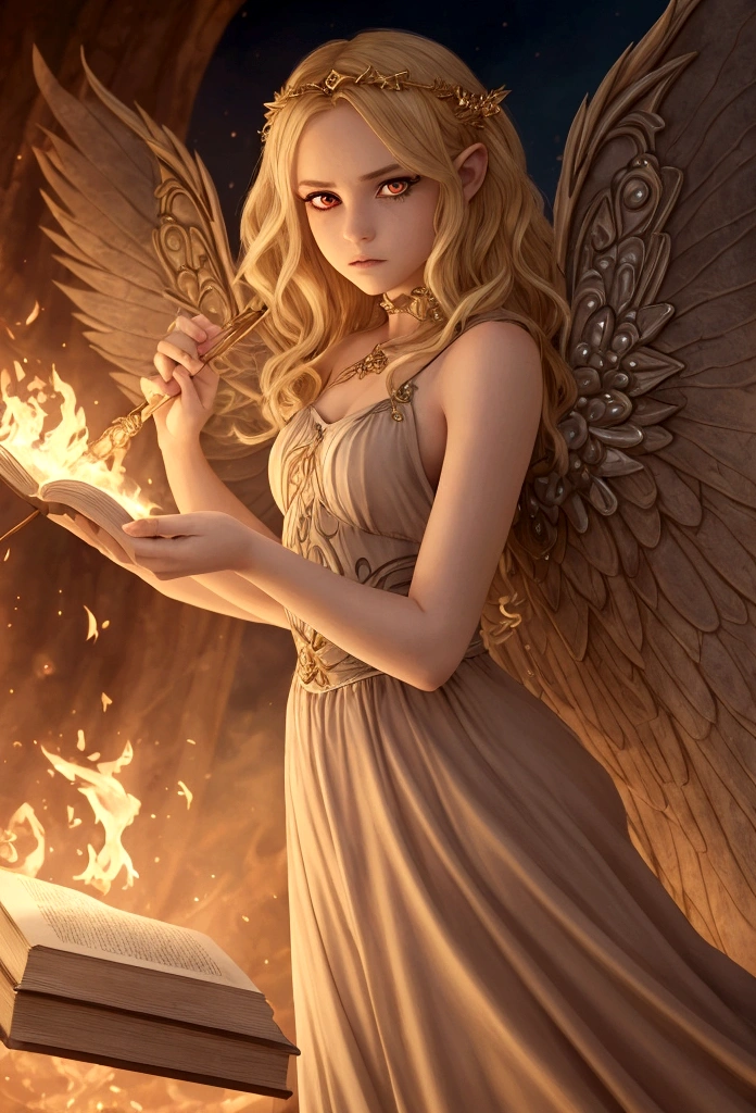 Fairy girl with wings and a book in hand, Classic Long Dress, Fairy Wings, Red eyes and Blonde Hair, Golden Hair, Serious face, Magic, arcane powers, RPG Character, pointy ears, look serious, casting a spell, casting a fire spell, fire, 4k, full hd