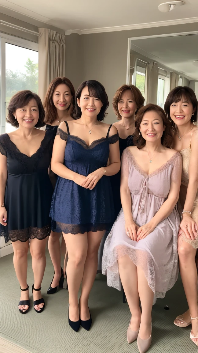 (((60 years old)))、(((6+Women)))、(((long body)))、((Group photo)),(((Looking at the camera)))、((Full body Esbian))、(((negligee))),(((stockings))),high heels、See-through,Cord,cleavage,(((Chubby))),((huge breasts)),smiling,( very detailed and beautiful),attractive mature woman, woman,chono white, wrinkles at the eyes, ((Japanese)),masterpiece,highest quality、((8K))