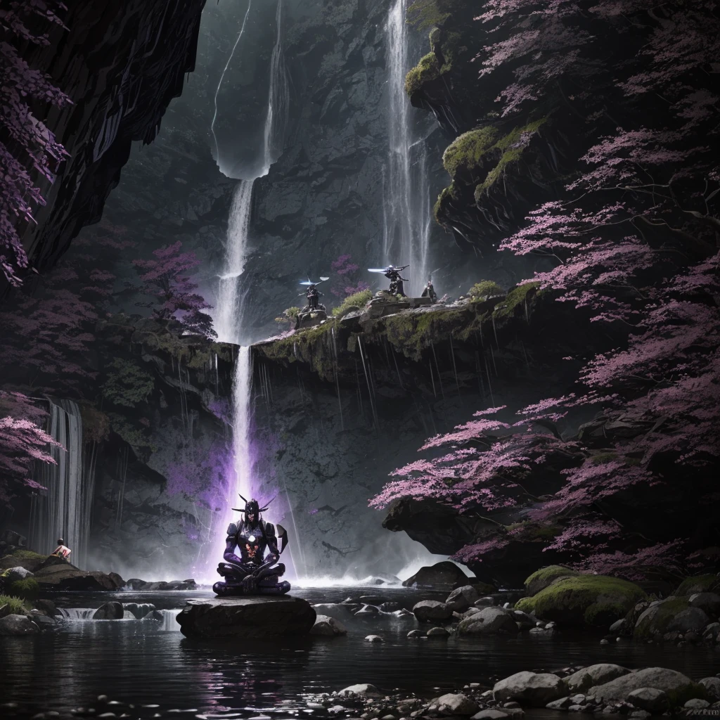 a purple purple eyed samurai mecha, ethereal theme and mecha, black octane rendering, mecha aesthetic, realistic mecha aesthetic, Incredibly detailed octane rendering, black mecha, 8k octane rendered, background a waterfall, the character is meditating in a cave which is behind this waterfall, the environment is dark but well lit, the character displays many details in addition to his hands making signs of meditation, in the background he is meditating in a cave behind a waterfall
