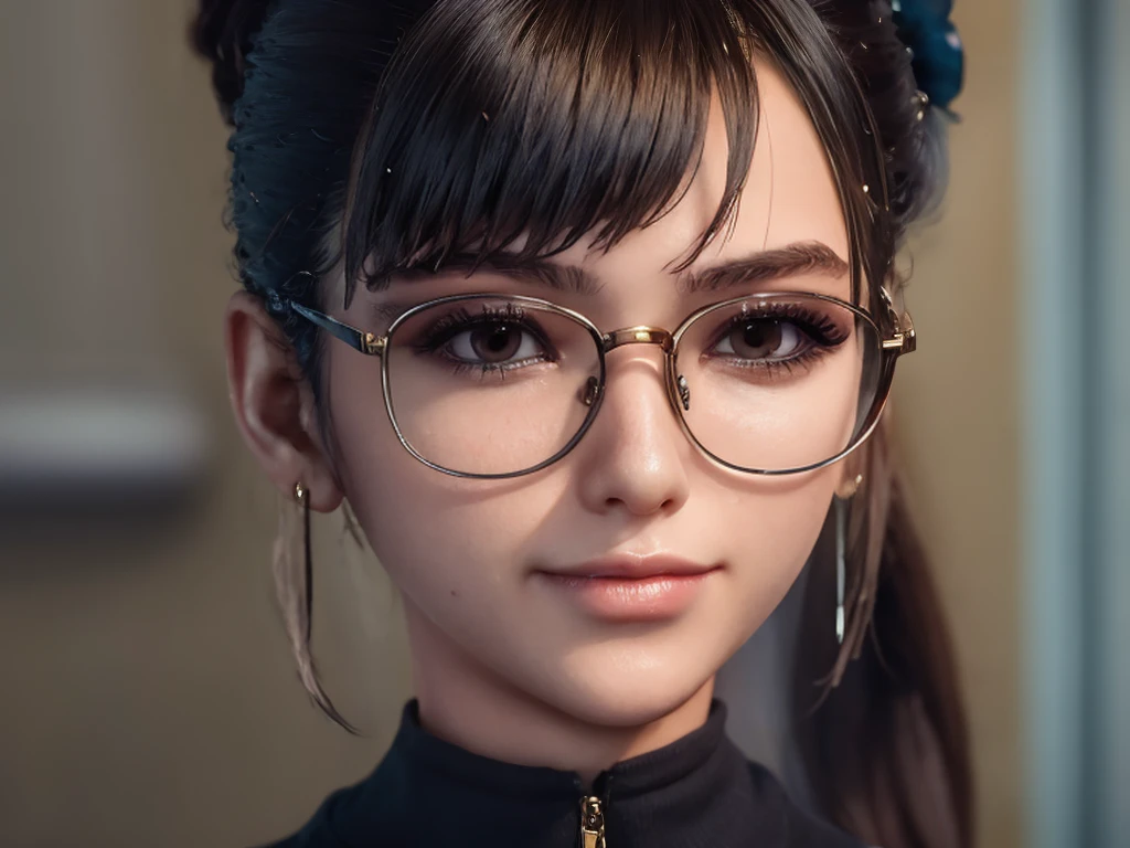 Masterpiece, portrait face, eve, stellar blade, fringe hair , ponytail hair,  black turtleneck shirt,  oiled skin , wet hair, posing , (light brown eyes), (medium closed smile), ((blushing cheeks)), woman looking camera, Woman with rectangular magnifying glasses with red frames, pink eyelid makeup