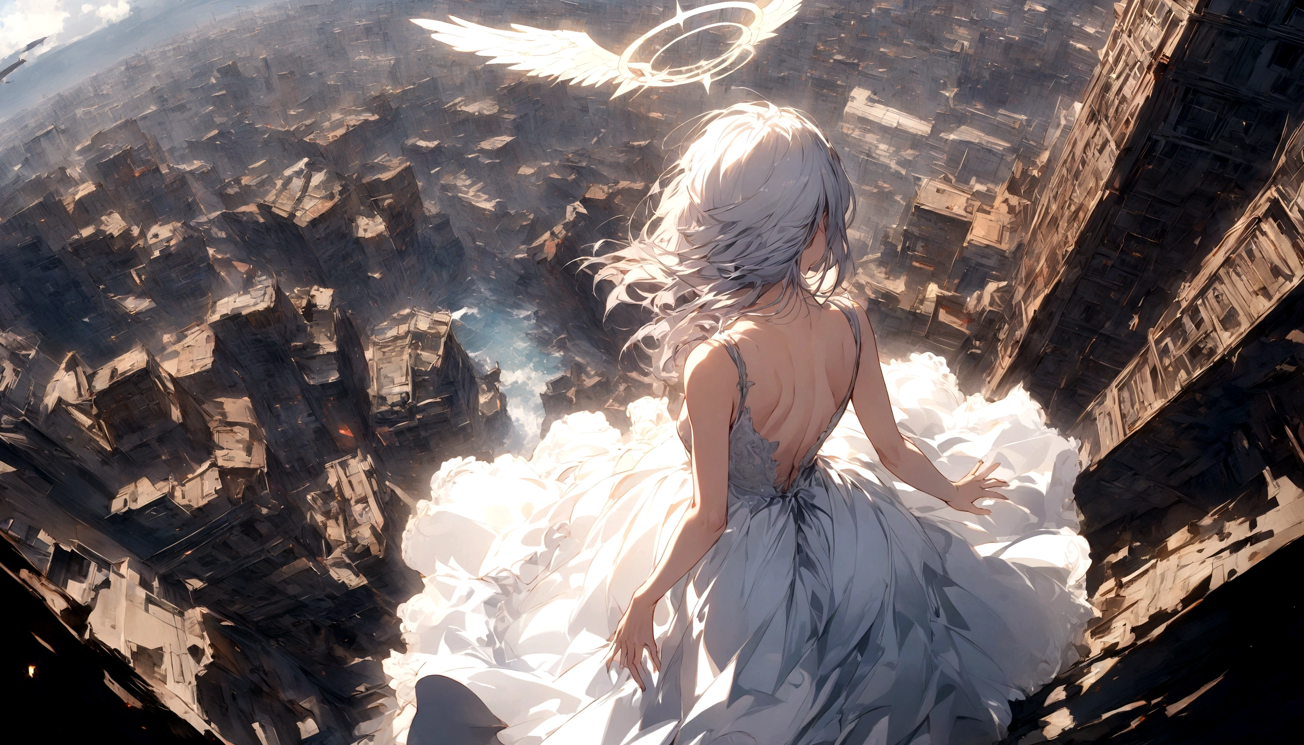 
1つの (背面図:1.5) とても美しい女性の天使の\(長いプラチナの髪, 背中の広い白いドレス,後ろから見た大きな美しい白い翼,とても美しい輝く光輪\), 彼女は救いを求めるかのように両手を大きく優しく広げている, 彼女は雲の上にいて、下の世界を見下ろしている, 激しい戦争\(戦争の火事がたくさん,失敗する,兵器\(戦闘機\) 多くの建物が崩壊, 自然が破壊される, 壮大で素晴らしい景色\) 雲の下で起こっている, BRE1つのK ,品質\(8K,非常に精細なCGユニットの壁紙, 傑作,高解像度,top-品質,top-品質 real texture skin,超現実的な,解像度を上げる,R1つのW photos,最高品質,非常に詳細な,壁紙,映画照明,レイトレース,黄金比\),[閲覧注意],ダイナミックアングル,[閲覧注意],上から