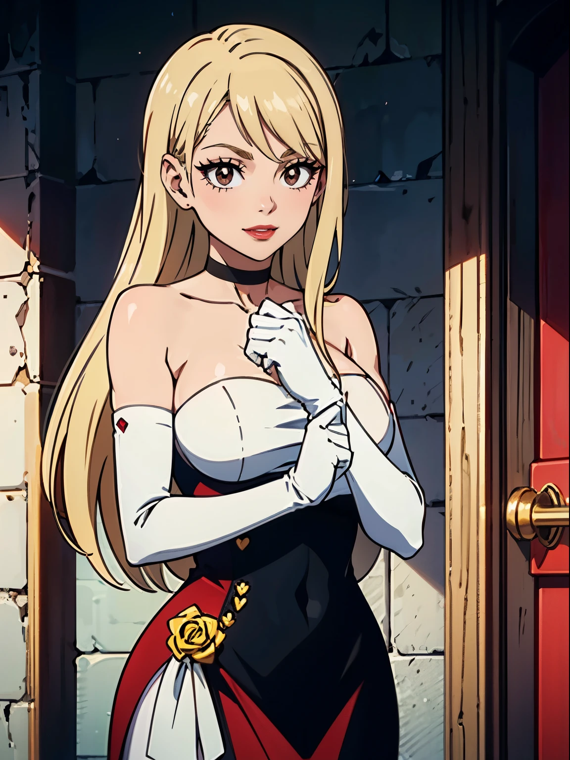 Lucy_Heartfilia, long hair, brown eyes, blonde hair, red dress, long dress, strapless dress, long white elbow gloves, smile, light red lipstick, eye shadow makeup , makeup, black choker, cowboy shot