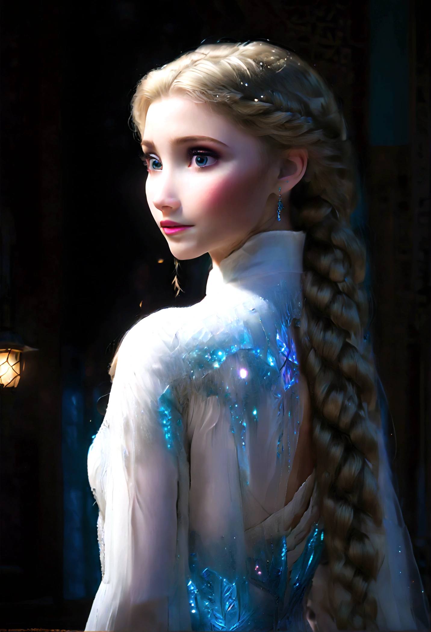 score_9, score_8_up, score_7_up, score_6_up, 1girl, Elsa \(frozen\) sit by frozen lake, (single braid), (White Dress), casting, spell, ice, snow, magic_circle, upper body, long hair, worm light, solo, disney, (Back View, from behind:1.4), anime screenshot, source_anime, dramatic composition, cinematic dynamic action scene, vibrant colors, cinematic lighting, dramatic lighting, best quality, masterpiece, very aesthetic, perfect composition, intricate details, ultra-detailed