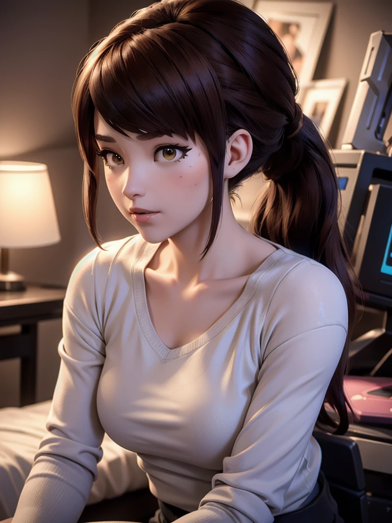 (Dva de Overwatch) sin mecha, una hermosa mujer con cabello castaño corto en un (cola de caballo), reflexiones de alta calidad, iluminación volumétrica, Vistiendo un (camiseta blanca lisa), en su dormitorio en su cama, 1 girl solo, cinematográfico lighting, Alta resolución, renderizado basado físicamente, extremadamente detallado, 8K, iluminación volumétrica, Híper realista, rasgos faciales detallados, obra maestra, detalles intrincados, parte superior del cuerpo completa, gaming setup in background, cinematográfico, se puede ver la tela de la camisa y los tejidos muy detallados, senos pequeños