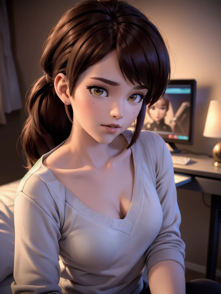 (DVA d’Overwatch) sans mech, une belle femme aux cheveux courts bruns dans un (queue de cheval), des réflexions de haute qualité, éclairage volumétrique, porté un (t-shirt blanc uni), dans sa chambre sur son lit, 1 fille seule, Cinématique lighting, haute résolution, Rendu basé sur la physique, extrêmement détaillé, 8k, éclairage volumétrique, hyperréaliste, traits du visage détaillés, chef-d&#39;œuvre, détails complexes, haut du corps complet, configuration de jeu en arrière-plan, Cinématique, vous pouvez voir le tissu de la chemise et les tricots très détaillés, Petits seins, (NSFW)