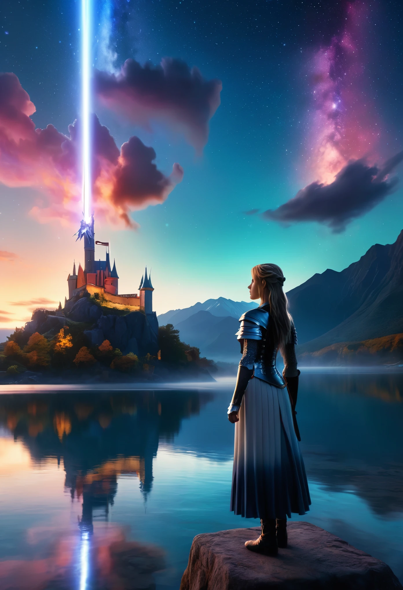 (8k, la plus haute qualité, chef-d&#39;œuvre, Style Final Fantasy: 1.2), (Irréaliste, photoréaliste: 1.37), (une dame mage debout au bord du lac, énorme buste rebondissant, avec l&#39;épée avec le feu, Son épée brille dans les cieux:1.1), paysage de rêve, fantaisie, Des paysages irréels, Super détaillé, Château médiéval volant, Île flottante dans le ciel, Tourbillon de lumière à sept couleurs, (流星のM.Un oiseau brillant à longue queue vole dans le ciel:1.3), Aurore, Des éclairs intenses, voie Lactée, lumière complexe, M.々Lumière colorée, grand lac, Ciel étoilé reflété à la surface du lac, D&#39;innombrables étoiles brillantes, météores, De nombreux météores, Aura de, (Un pilier de lumière émanait du sol:1,2), 複雑な文M.cercle magique,