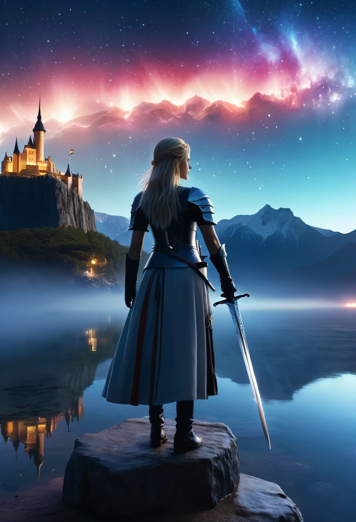 (8K, highest quality, masterpiece, final fantasy style: 1.2), (unrealistic, photorealistic: 1.37), (one mage lady standing on lake side, huge bouncing bust, with sword with fire, Her sword shines into the heavens:1.1), Dreamy landscape, Fantasy, Unsurreal landscapes, Super detailed, Flying medieval castle, Floating Island in the Sky, Seven-colored swirl of light, (Mr. Shooting Star.A small, shiny, long-tailed bird soaring through the sky:1.3), Aurora, Intense lightning, milky way, Complex Light, Mr.々Colored light, Large Lake, Starry sky reflected on the lake surface, Countless shining stars, Meteors, Many meteors, Aura of, (A pillar of light emanated from the ground:1,2), Complex SentencesMr.Magic Circle,