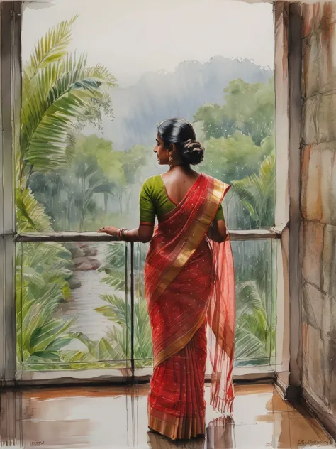 pastel watercolor sketch of a kerala woman kf age 40 wearing transparent saree she has almost striped that saree, her thighs vis...