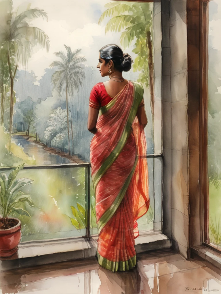 Pastel watercolor sketch of a kerala woman kf age 40 wearing transparent saree she has almost striped that saree, her thighs visible, , looking outside her window to nature seeing rain and breeze, her back view is shown, red blouse almost off to her waist showing bare back, pastel artwork, painting from a novel or movie