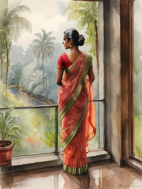 pastel watercolor sketch of a kerala woman kf age 40 wearing transparent saree she has almost striped that saree, her thighs vis...